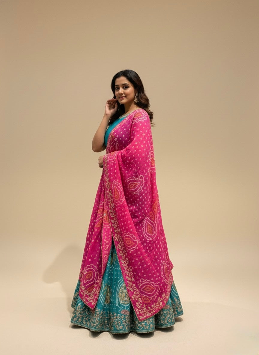 TEAL AND FUCHSIA COLOUR PURE GEORGETTE OJARIYA LEHENGA WITH GOTA PATTI WORK