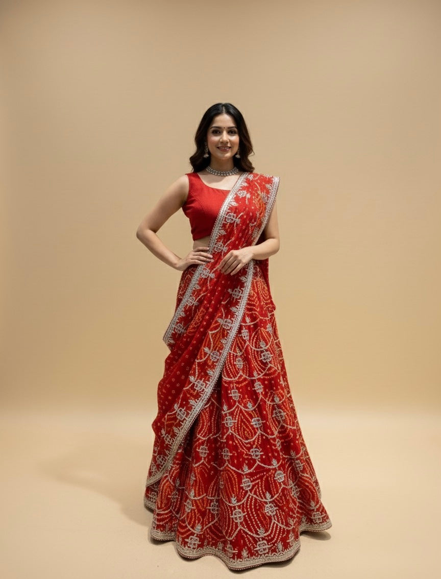 RED PURE GEORGETTE OJARIYA LEHENGA WITH GOTA PATTI WORK