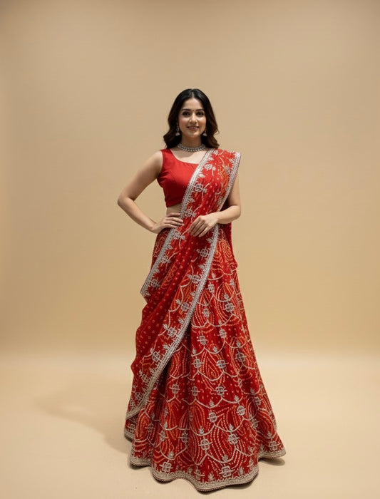 RED PURE GEORGETTE OJARIYA LEHENGA WITH GOTA PATTI WORK