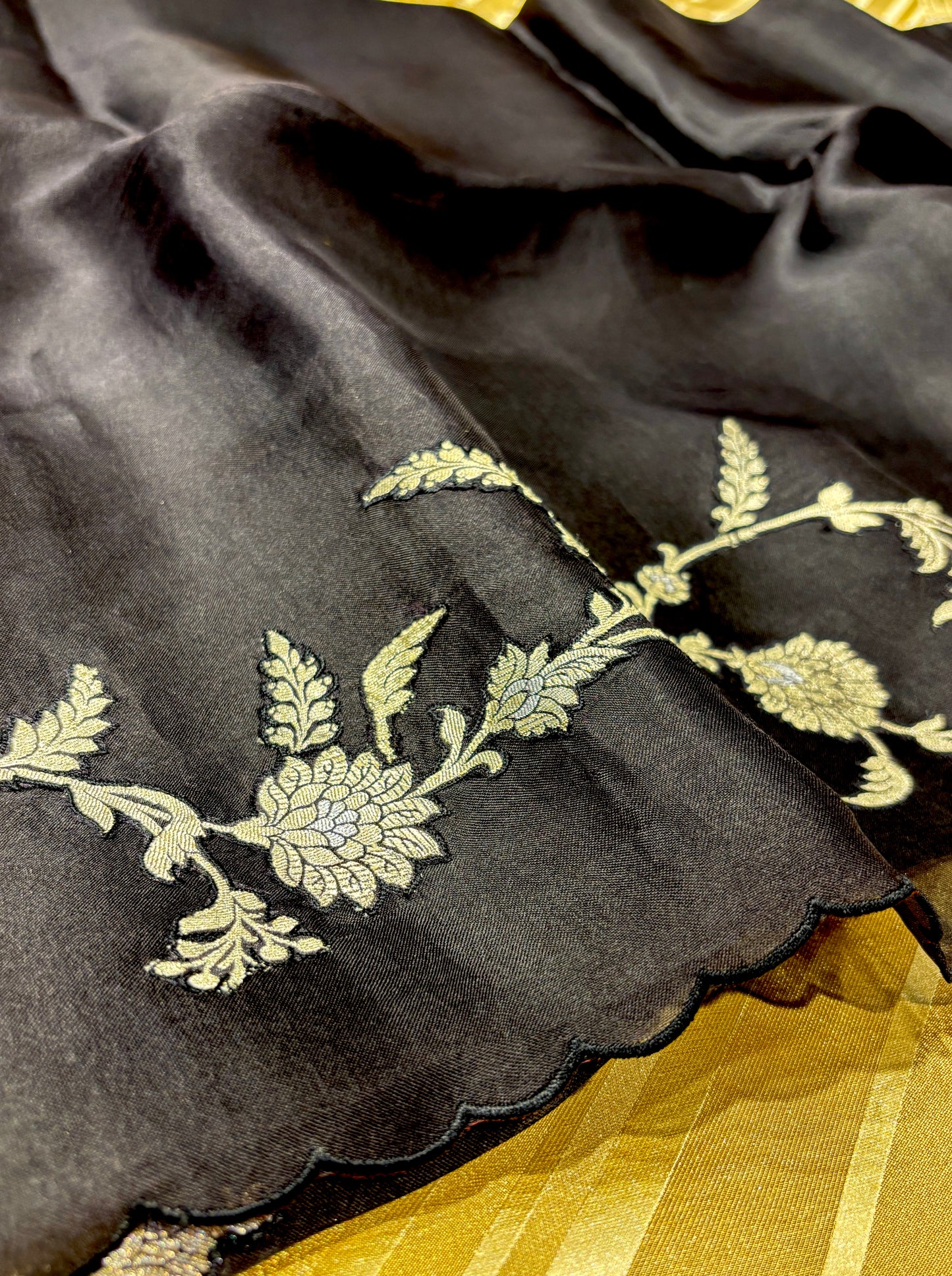 MIDNIGHT BLACK PURE ORGANZA SAREE WITH APPLIQUÉ WORK AND BANARASI BLOUSE