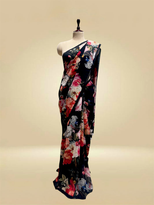 BLACK PURE GEORGETTE FLORAL PRINTED SAREE (DELIVERY IN 20 DAYS)