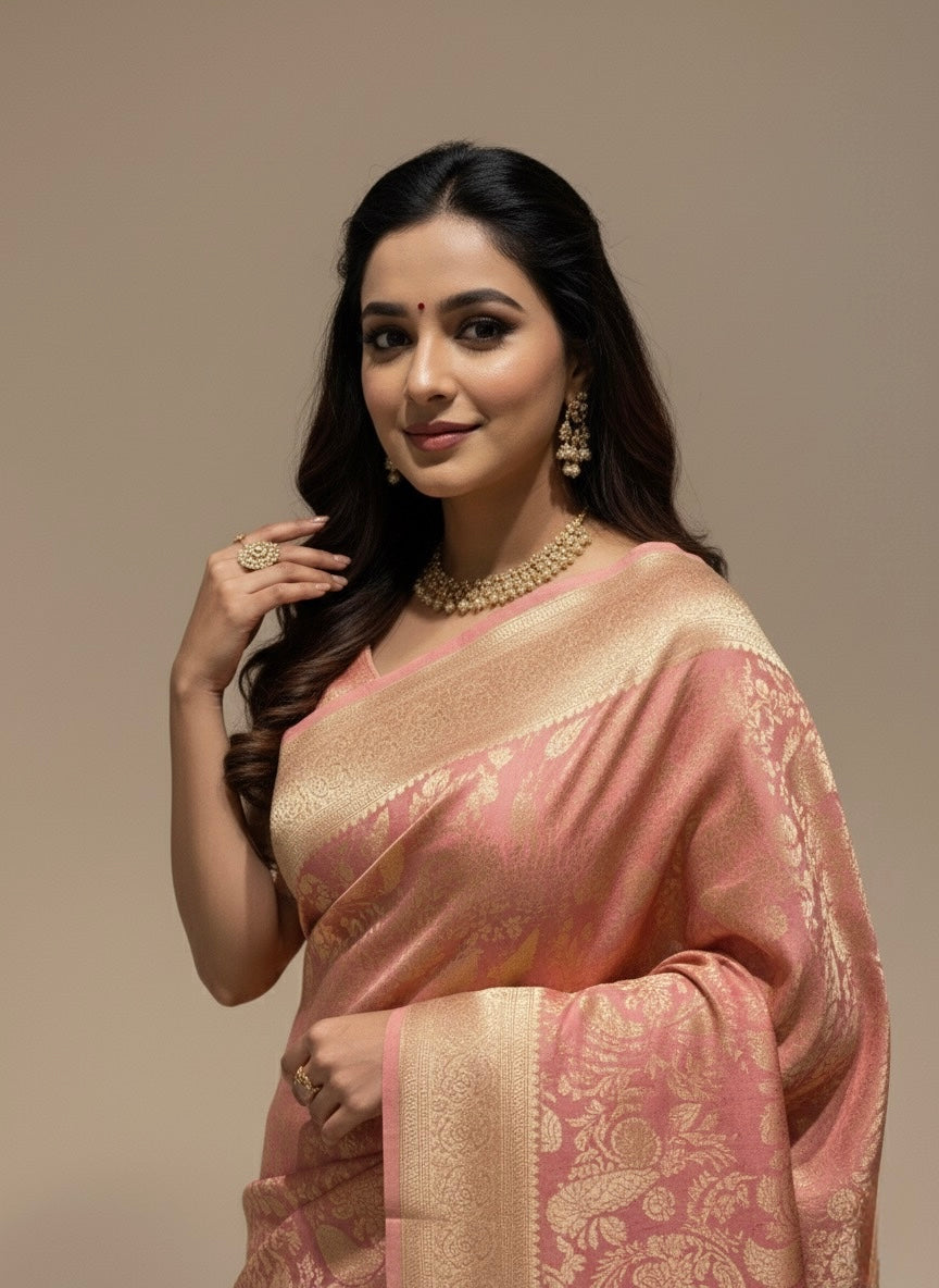 PEACH MYSORE CREPE SILK SAREE EMBELLISHED WITH ZARI WEAVES