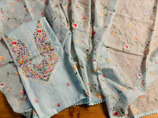 Powder blue colour kota doria unstiched suit