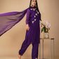 (DELIVERY TIME 20 DAYS) PURPLE ORGANZA READYMADE SUIT WITH AARI, CUTDANA AND PEARL EMBROIDERED BIRD MOTIFS PAIRED WITH DUPATTA & PANTS