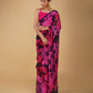 NAVY BLUE PURE PLATINUM CHIFFON PRINTED SAREE WITH HOT PINK PRINT & SELF-PRINTED BLOUSE