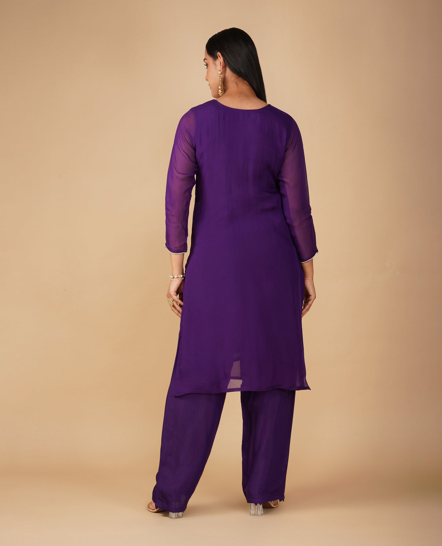 (DELIVERY TIME 20 DAYS) PURPLE ORGANZA READYMADE SUIT WITH AARI, CUTDANA AND PEARL EMBROIDERED BIRD MOTIFS PAIRED WITH DUPATTA & PANTS