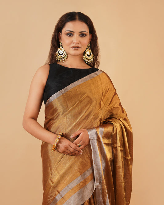 ANTIQUE GOLDEN CHANDERI SAREE WITH SILVER BORDER