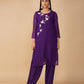 (DELIVERY TIME 20 DAYS) PURPLE ORGANZA READYMADE SUIT WITH AARI, CUTDANA AND PEARL EMBROIDERED BIRD MOTIFS PAIRED WITH DUPATTA & PANTS