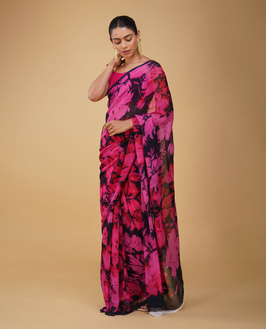 NAVY BLUE PURE PLATINUM CHIFFON PRINTED SAREE WITH HOT PINK PRINT & SELF-PRINTED BLOUSE