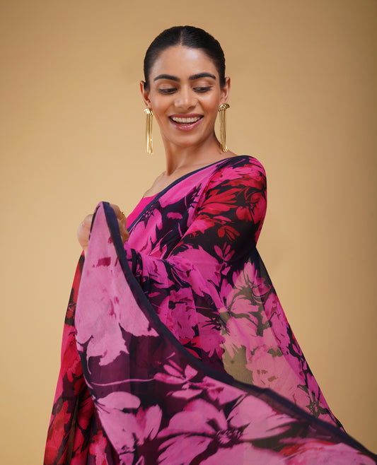 NAVY BLUE PURE PLATINUM CHIFFON PRINTED SAREE WITH HOT PINK PRINT & SELF-PRINTED BLOUSE