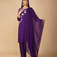 (DELIVERY TIME 20 DAYS) PURPLE ORGANZA READYMADE SUIT WITH AARI, CUTDANA AND PEARL EMBROIDERED BIRD MOTIFS PAIRED WITH DUPATTA & PANTS