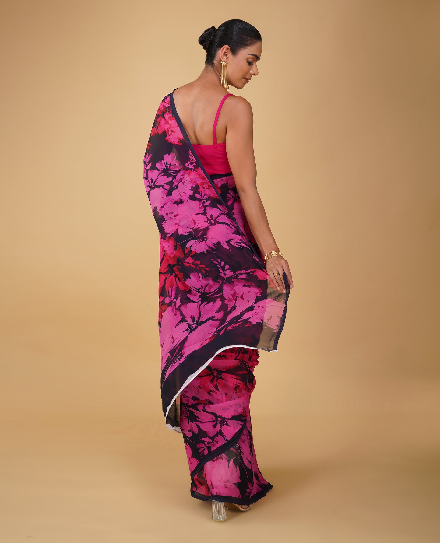 NAVY BLUE PURE PLATINUM CHIFFON PRINTED SAREE WITH HOT PINK PRINT & SELF-PRINTED BLOUSE