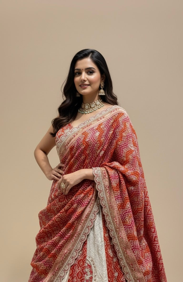 IVORY-RED COLOUR TISSUE GEORGETTE BANDHANI LEHENGA EMBELLISHED WITH GOTA PATTI & ZARDOZI WORK