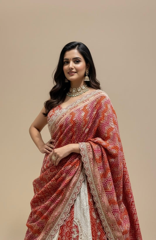 IVORY-RED COLOUR TISSUE GEORGETTE BANDHANI LEHENGA EMBELLISHED WITH GOTA PATTI & ZARDOZI WORK