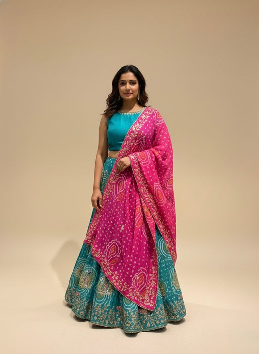 TEAL AND FUCHSIA COLOUR PURE GEORGETTE OJARIYA LEHENGA WITH GOTA PATTI WORK