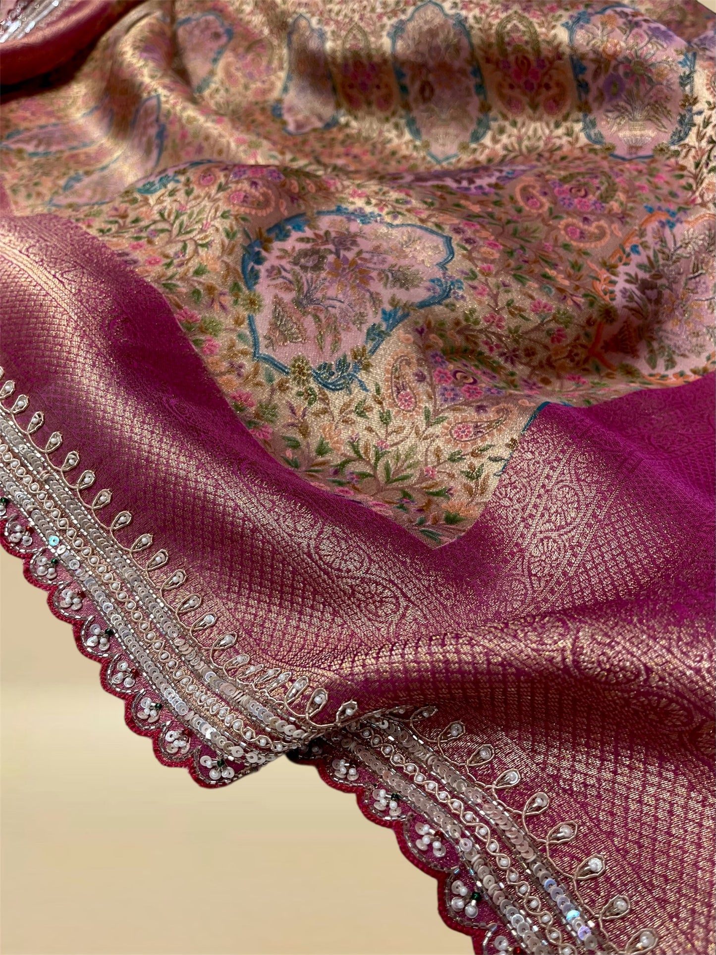 PINK BANARASI BROCADE SAREE WITH READYMADE BLOUSE EMBELLISHED WITH SEQUINS & ZARDOZI WORK
