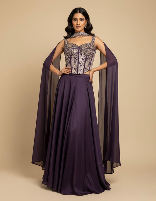 PURPLE CHINON PALAZZO PANT WITH BEADS & CUTDANA EMBELLISHED CORSET BLOUSE AND DUPATTA