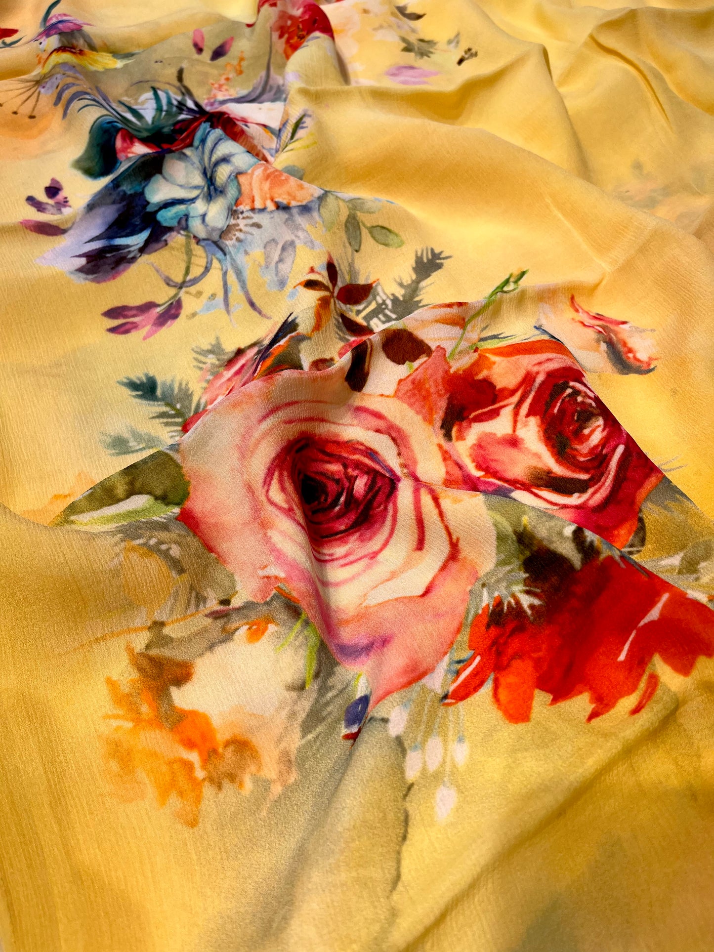 YELLOW CHINON PRINTED SAREE PAIRED WITH A PLAIN CREPE BLOUSE (DELIVERY IN 20 DAYS)