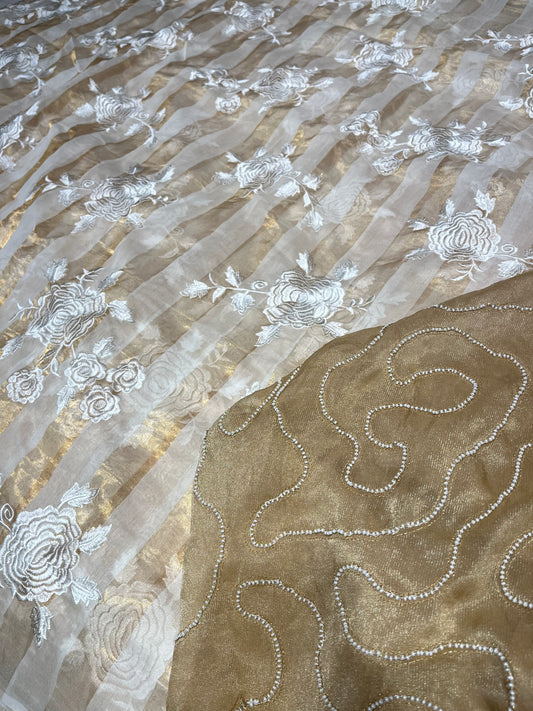 PARSI-EMBROIDERED PURE CHANDERI SAREE WITH GOLDEN PEARL-EMBELLISHED BLOUSE