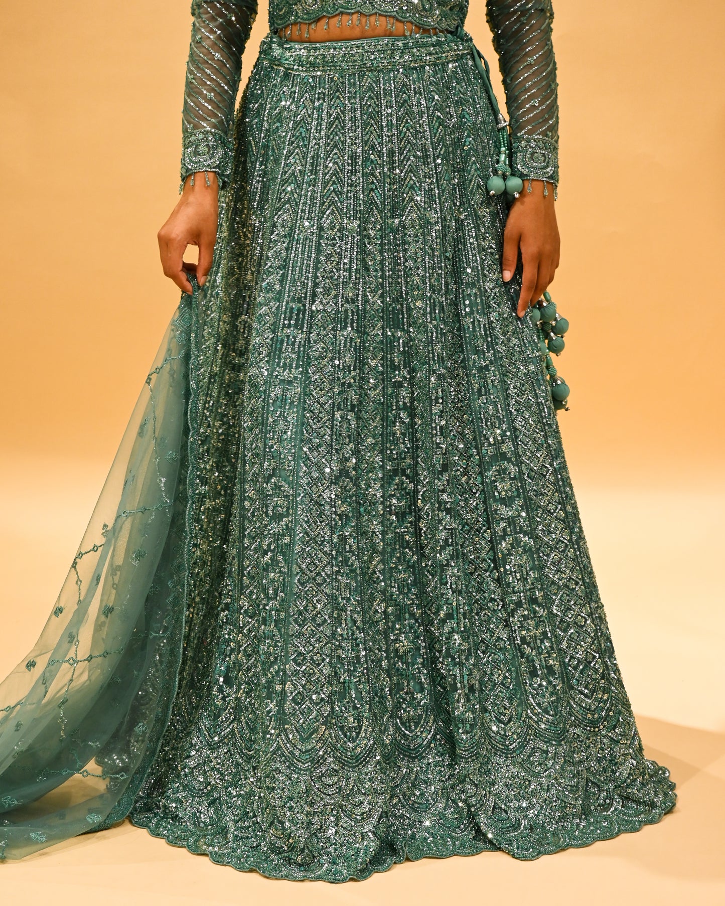 TEAL GREEN SEQUIN EMBROIDERED READY-TO-WEAR LEHENGA WITH CROP TOP & DUPATTA