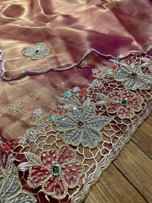 COPPER ROSE GOLD COLOUR TISSUE UNSTITCHED SUIT SET WITH CUTDANA & SEQUINS WORK (DELIVERY IN 20 DAYS)