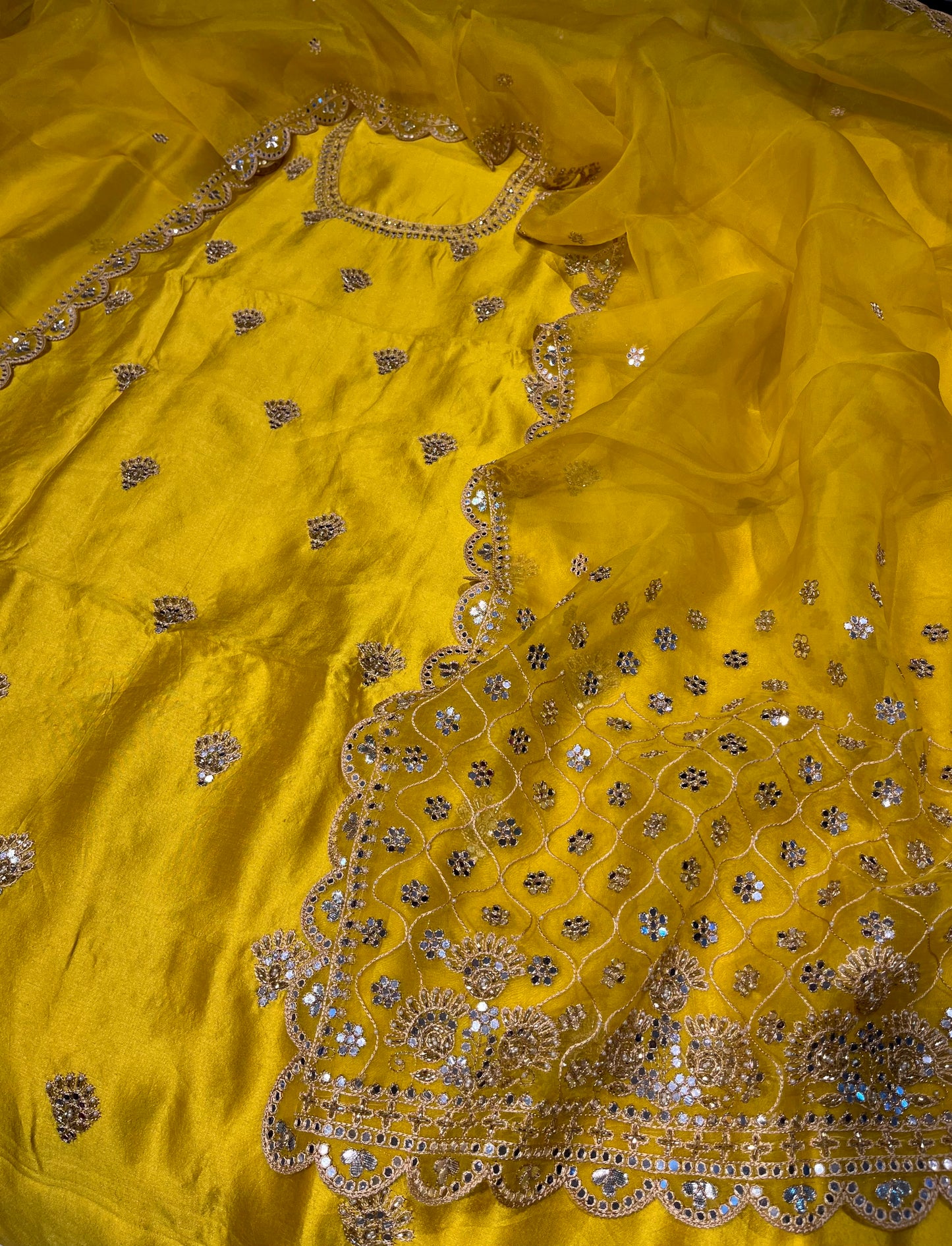BRIGHT YELLOW PURE SILK MIRROR WORK EMBELLISHED UNSTITCHED SUIT WITH CREPE SILK BOTTOM & ORGANZA DUPATTA