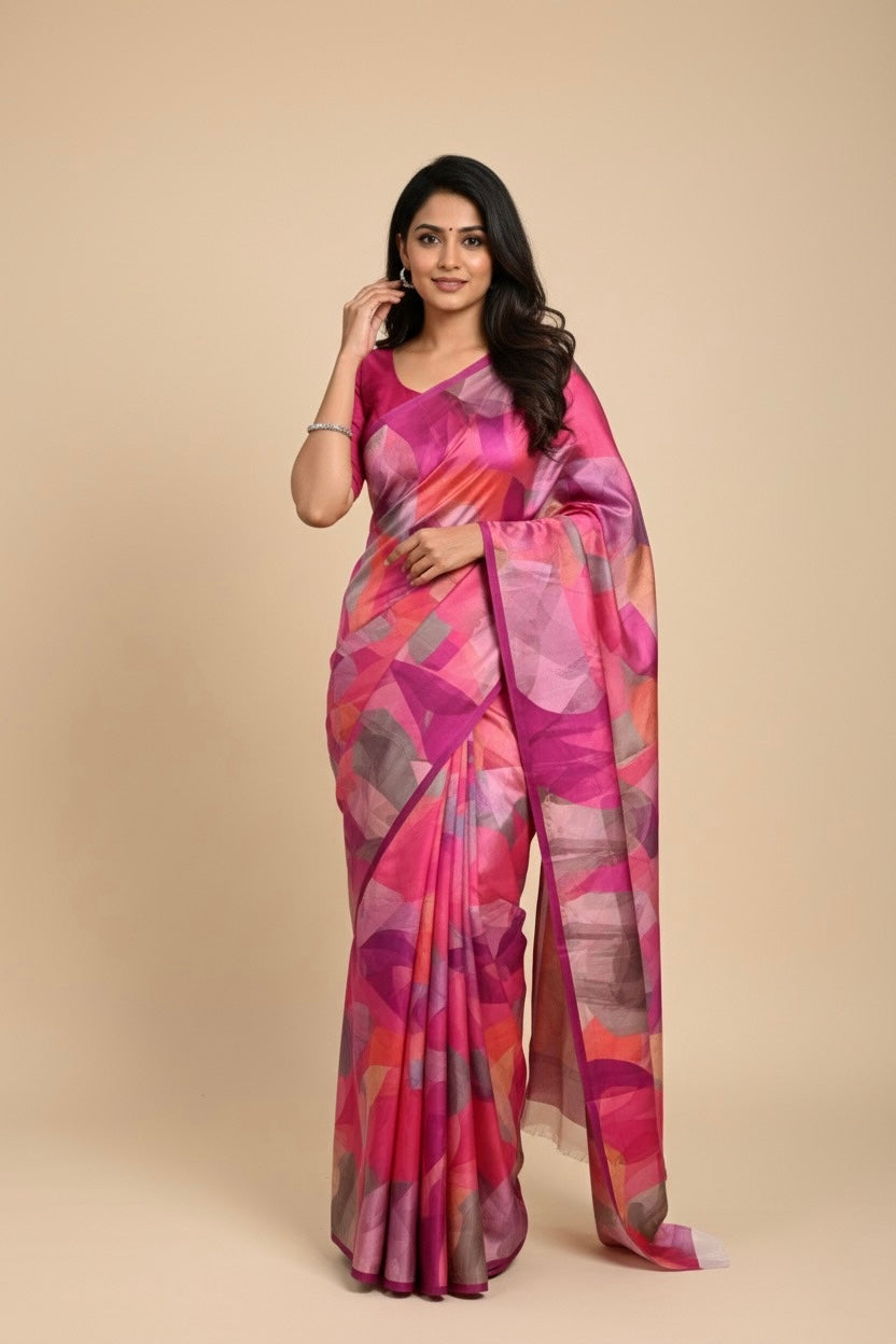 BRIGHT PINK PURE SATIN PRINTED SAREE