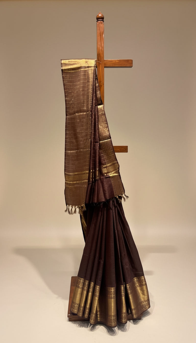 (DELIVERY IN 20 DAYS)BROWN MAHESHWARI SAREE EMBELLISHED WITH ZARI WEAVES