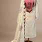BEIGE JAMDANI DHAKAI COTTON UNSTITCHED SUIT EMBELLISHED WITH RED RESHAM EMBROIDERY, TASSELS ON KURTA & SCALLOP BORDER PRINTED DUPATTA