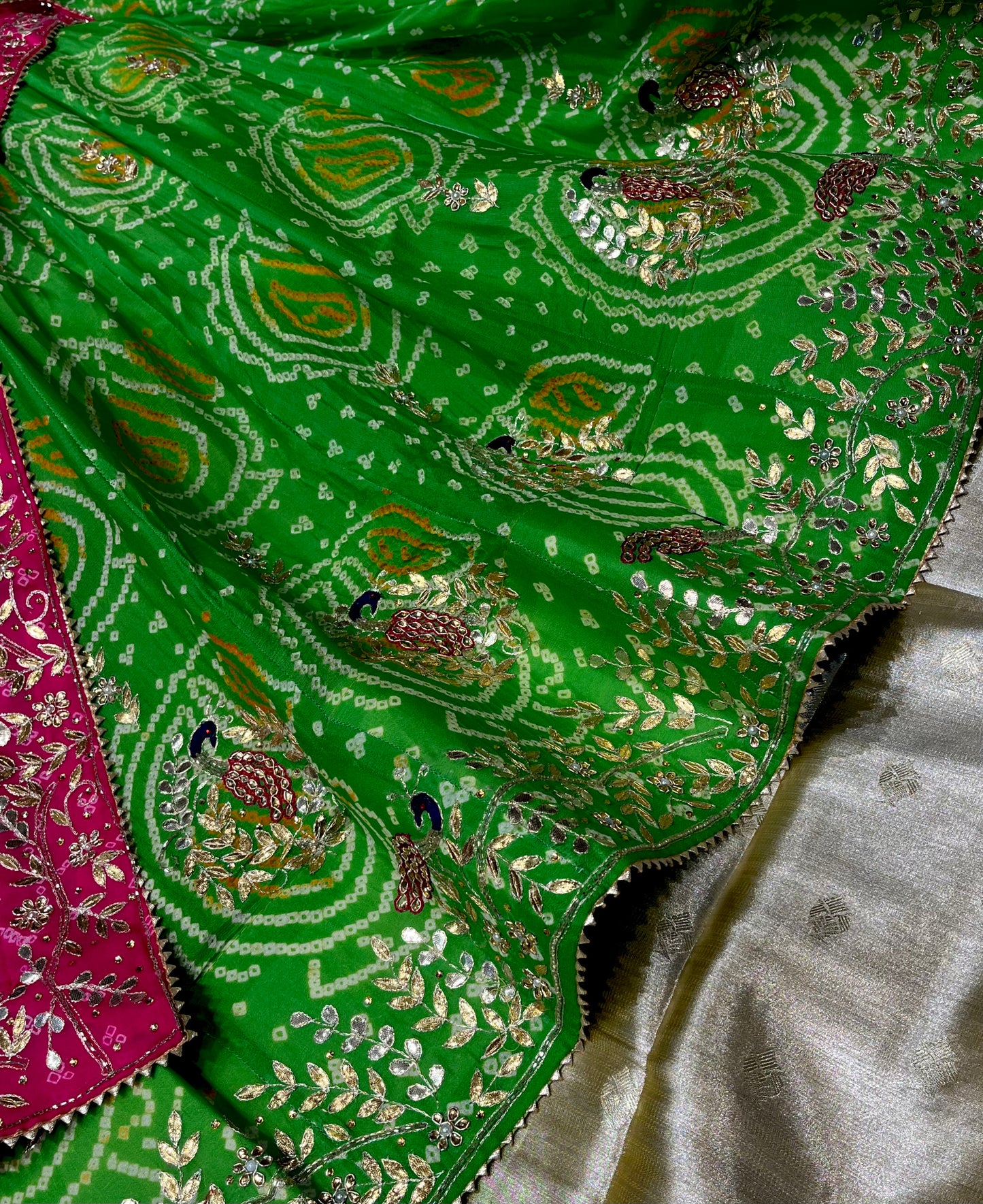 PARROT GREEN AND RANI PINK PURE GEORGETTE OJARIYA LEHENGA WITH GOTA PATTI WORK