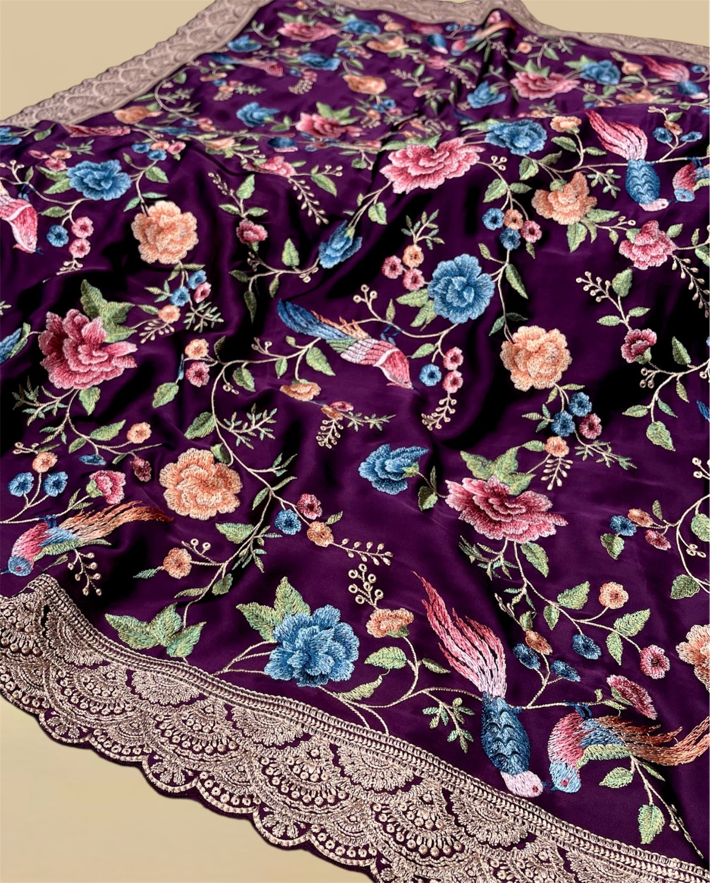 RAISIN PURPLE SATIN SILK PARSI EMBROIDERED SAREE (DELIVERY IN 20 DAYS)