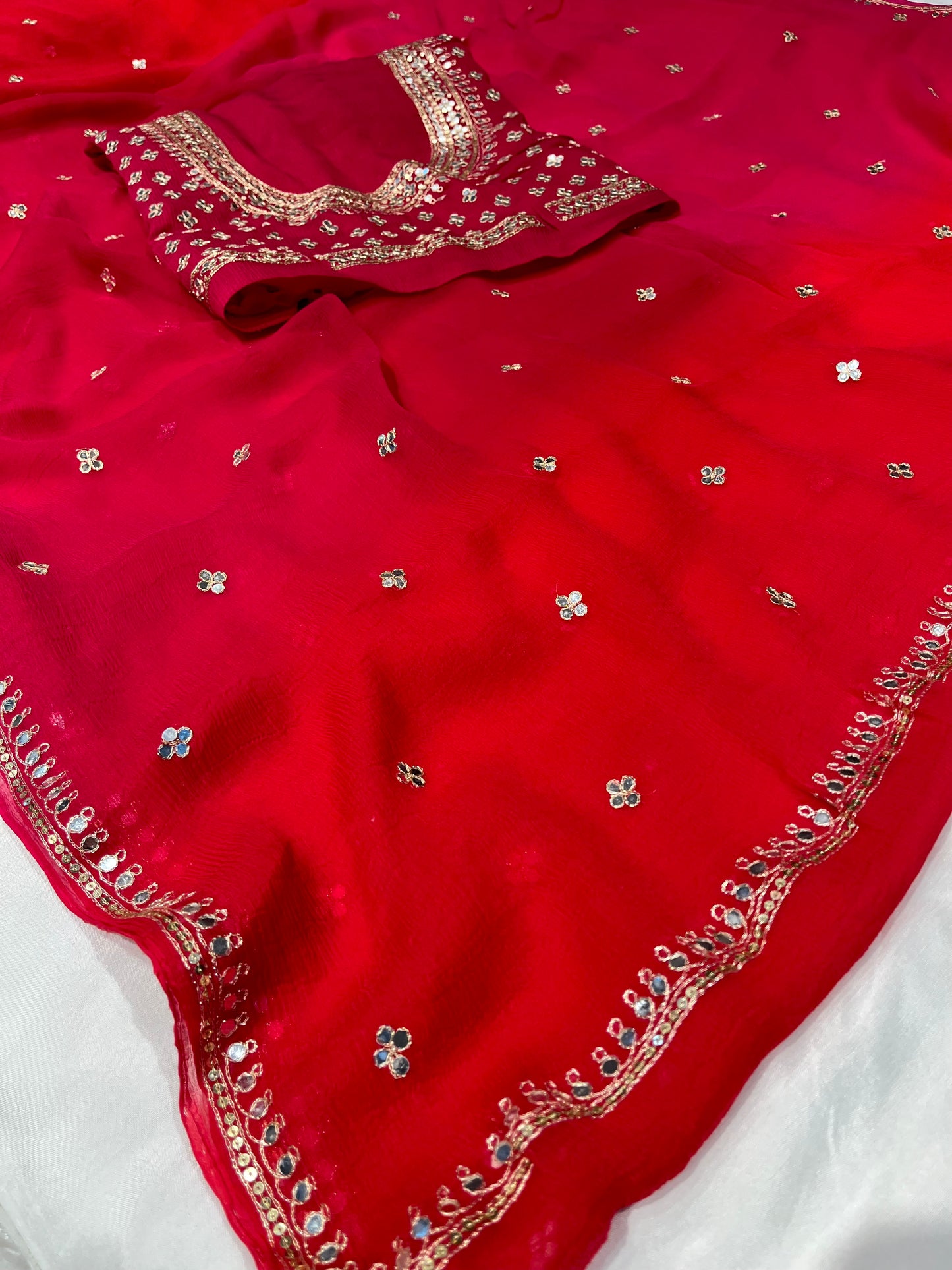 RED & PINK SHADED CHIFFON SAREE EMBELLISHED WITH FOIL MIRROR WORK - Kothari Sons