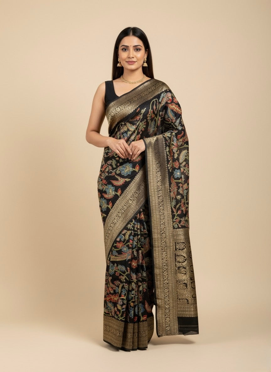 BLACK KALAMKARI KANJIVARAM SAREE WITH BROCADE BLOUSE (DELIVERY IN 20 DAYS)