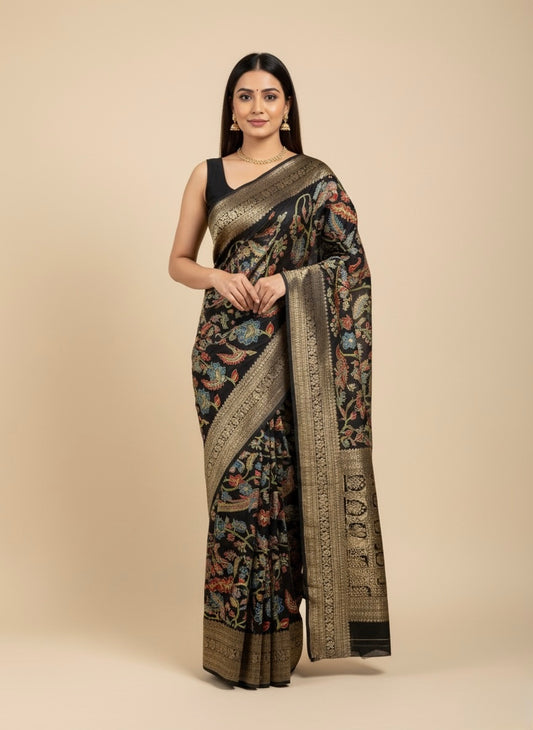 BLACK KALAMKARI KANJIVARAM SAREE WITH BROCADE BLOUSE (DELIVERY IN 20 DAYS)