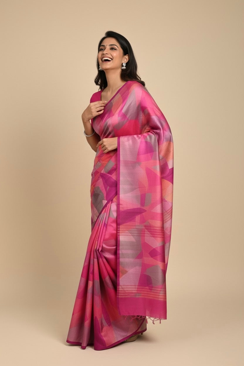 BRIGHT PINK PURE SATIN PRINTED SAREE