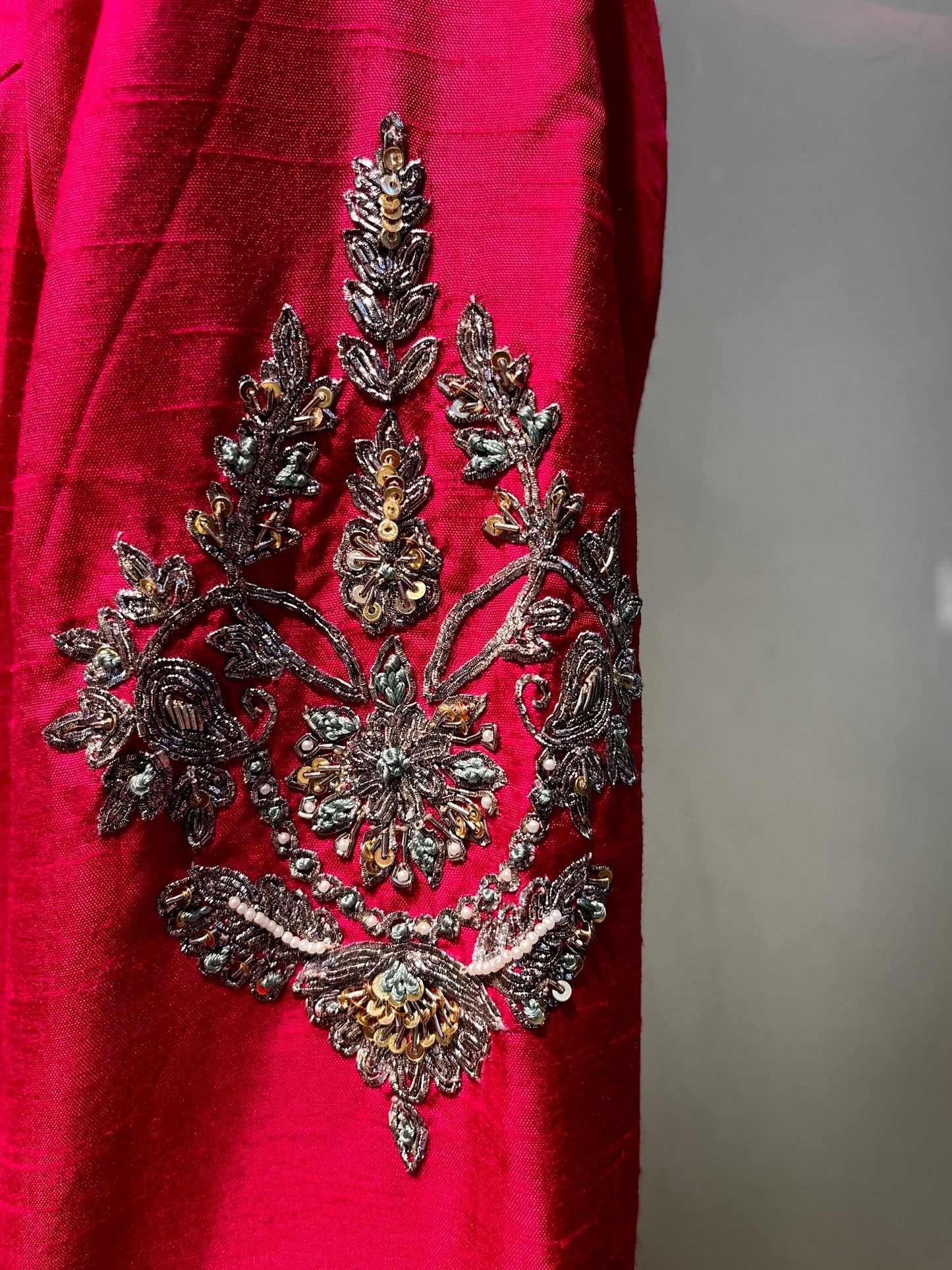 FUCHSIA PINK PURE RAW SILK ZARDOZI WORK EMBELLISHED INDO-WESTERN DRESS WITH FRONT-OPEN KURTA AND PALAZZO PANTS