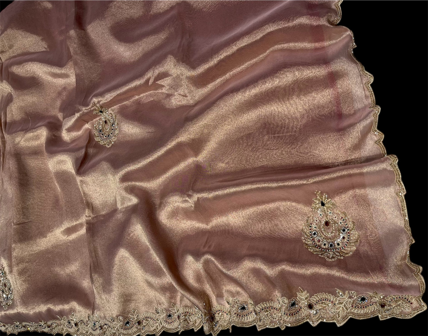 ROSE GOLD COLOR TISSUE SAREE EMBELLISHED WITH CUTDANA, SEQUINS & PEARLS WORK PAIRED WITH CONTRAST BLOUSE