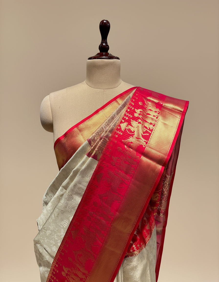 IVORY AND CRIMSON RED PURE KANJIVARAM SILK SAREE