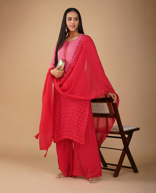 (DELIVERY TIME 20 DAYS) RED-SHADED CHINON SUIT WITH ZARI WEAVE MOTIFS, SEQUIN EMBROIDERY, PALAZZO & DUPATTA