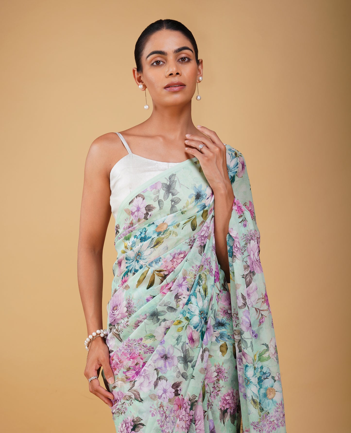 SEA FOAM GREEN PURE PLATINUM CHIFFON SAREE