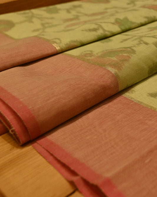 SEA GREEN POWERLOOM CHANDERI SAREE WITH IKAT WEAVE PATTERN