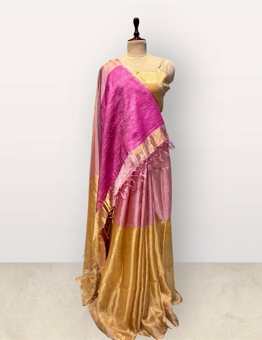 GOLDEN MACLENO & PINK TISSUE SAREE WITH FUCHSIA COLOUR RAW SILK PALLA