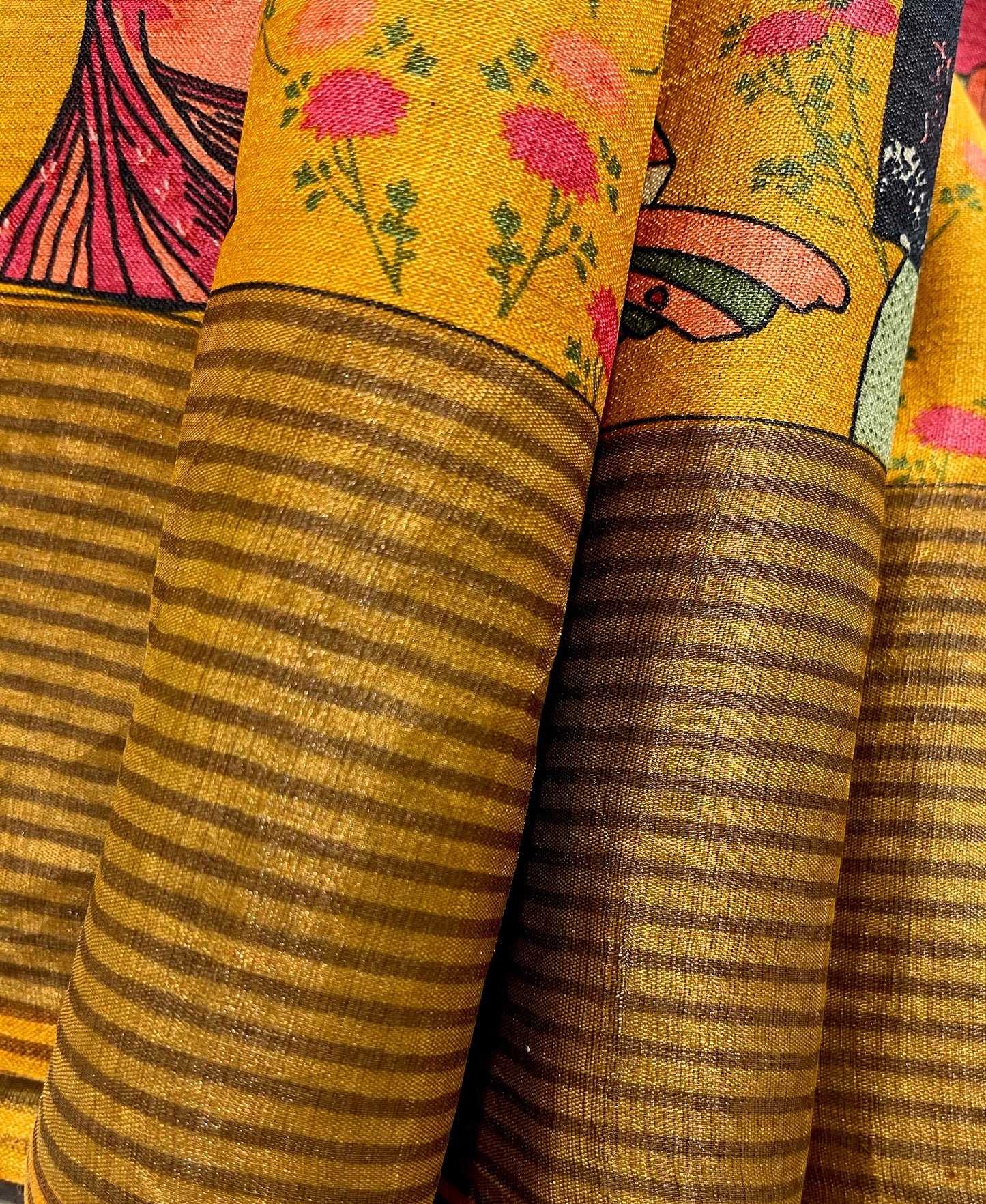 MUSTARD COLOUR PURE TUSSAR SILK PRINTED SAREE WITH ZARI BORDER