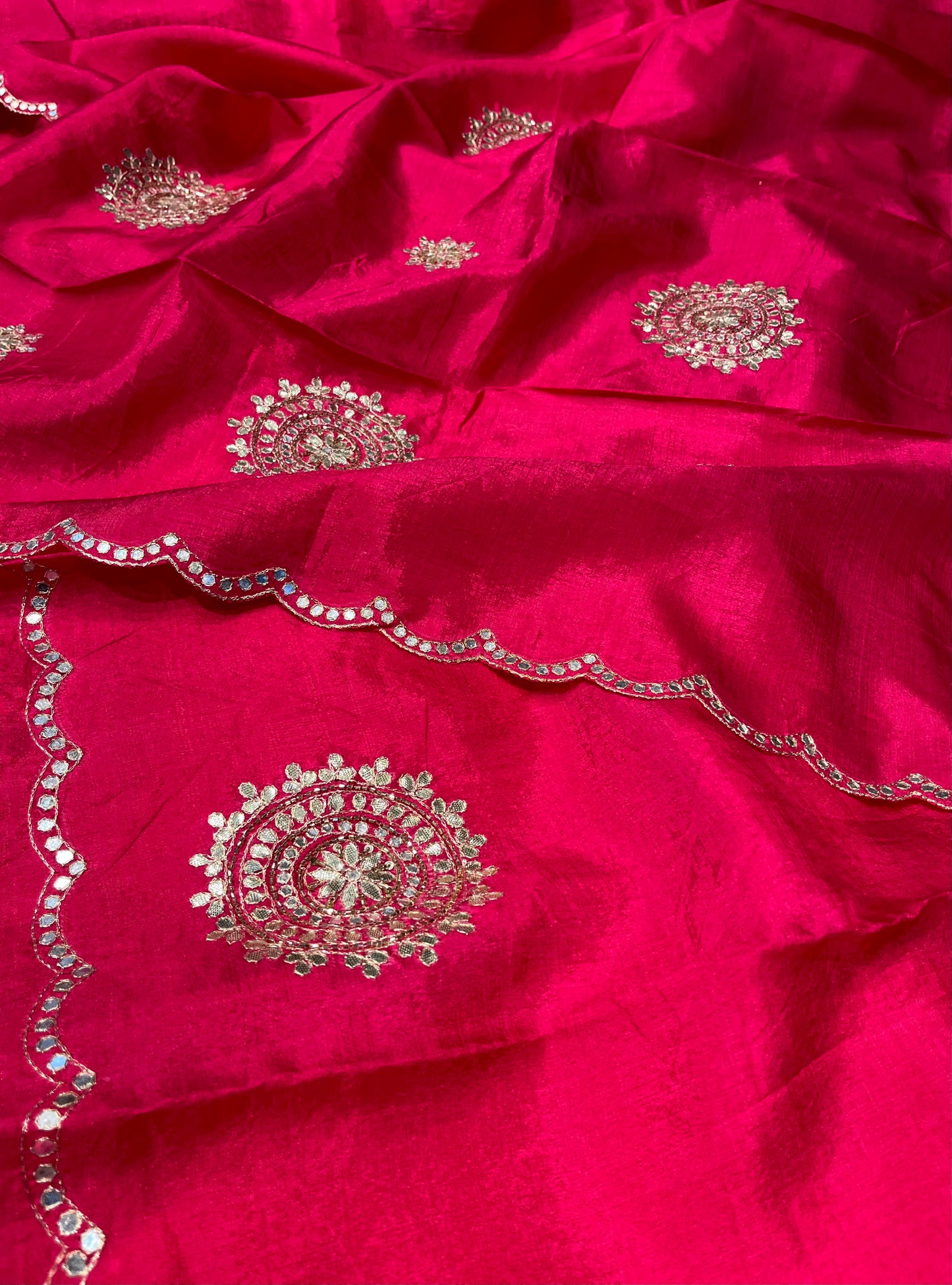 RUBY PINK TUSSAR SILK SAREE EMBELLISHED WITH FOIL MIRROR WORK