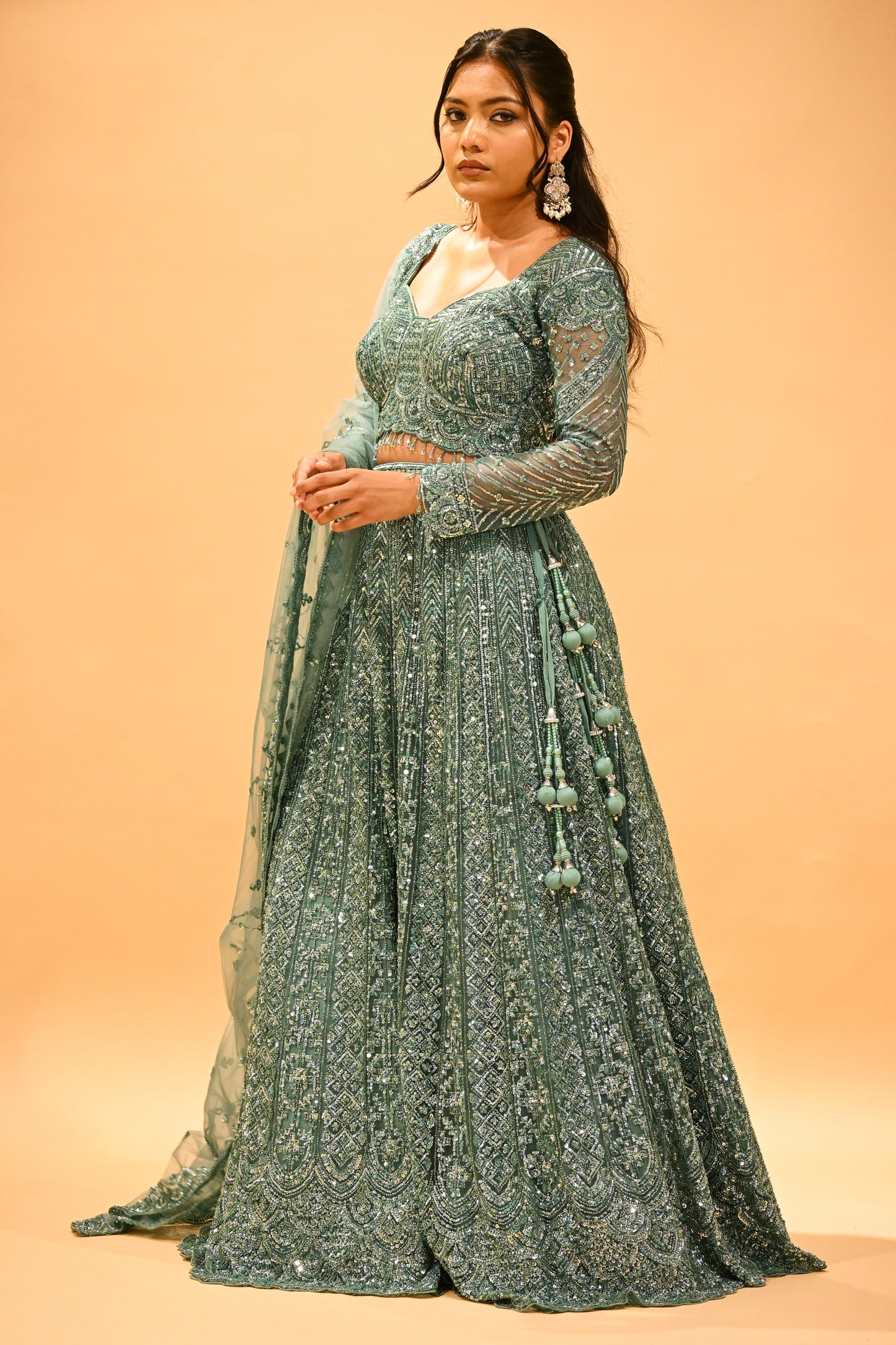 TEAL GREEN SEQUIN EMBROIDERED READY-TO-WEAR LEHENGA WITH CROP TOP & DUPATTA