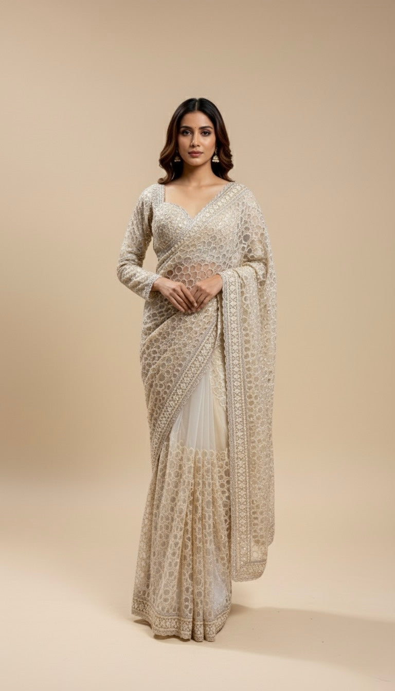 CHAMPAGNE BEIGE COLOUR NET SAREE WITH SEQUIN EMBROIDERY AND READYMADE BLOUSE
