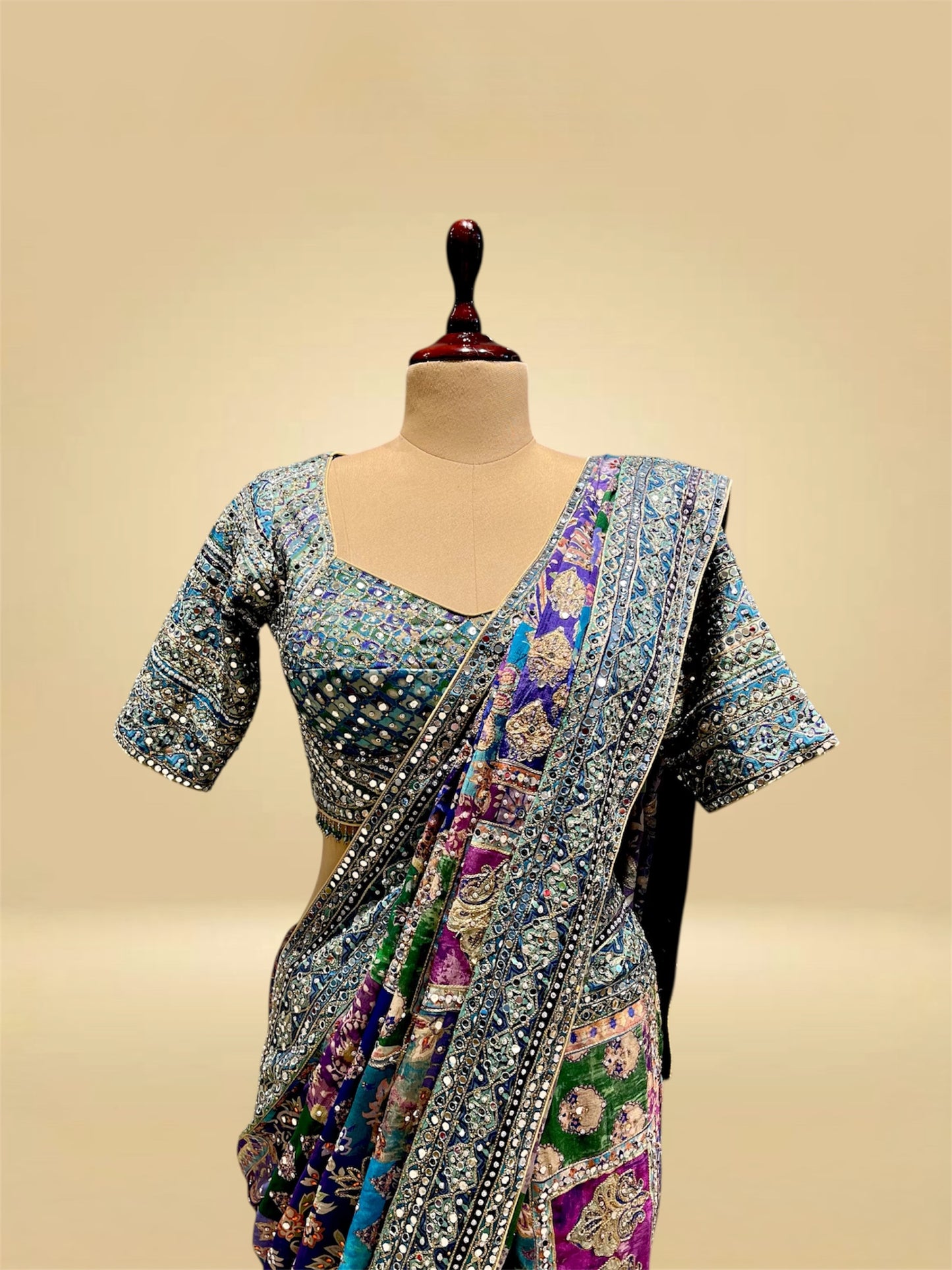 MULTICOLOURED CHINON SAREE EMBELLISHED WITH MIRROR & AARI WORK, PAIRED WITH A READYMADE BLOUSE