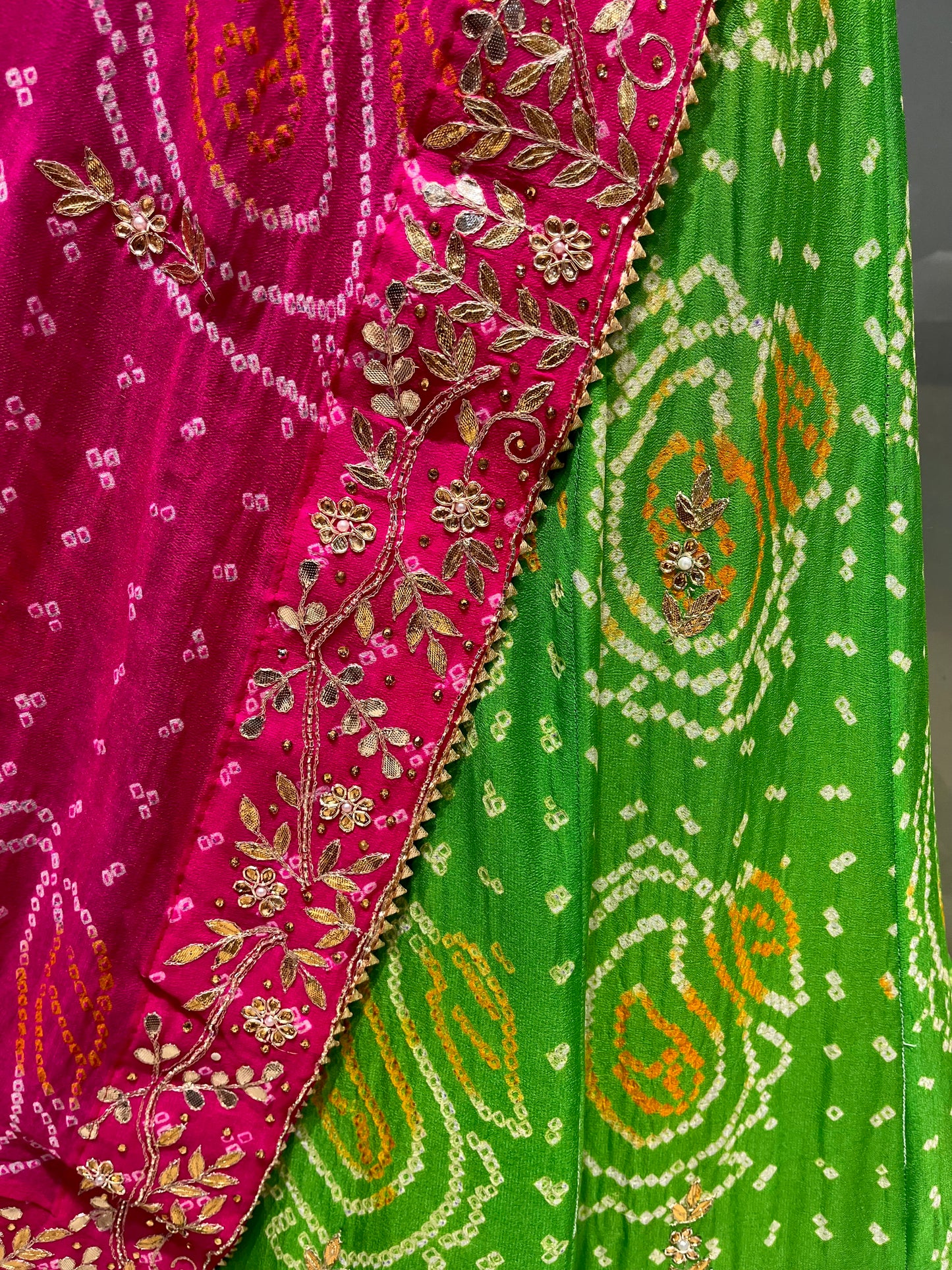 PARROT GREEN AND RANI PINK PURE GEORGETTE OJARIYA LEHENGA WITH GOTA PATTI WORK