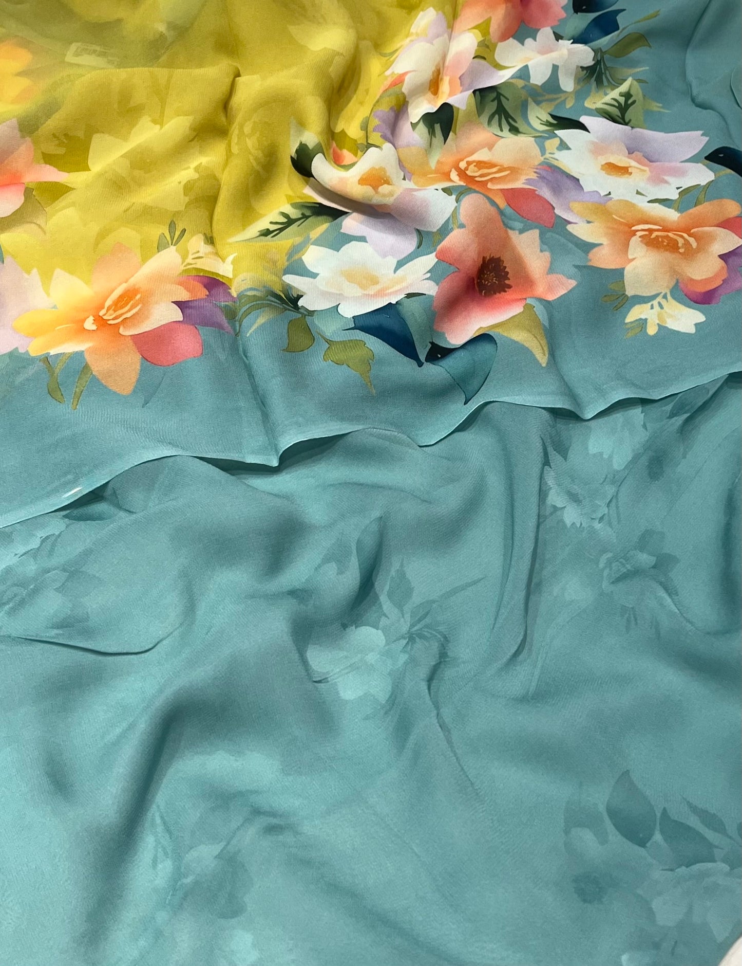 OLIVE YELLOW & MUTED TEAL BLUE PURE GEORGETTE FLORAL PRINTED SAREE (DELIVERY IN 20 DAYS)