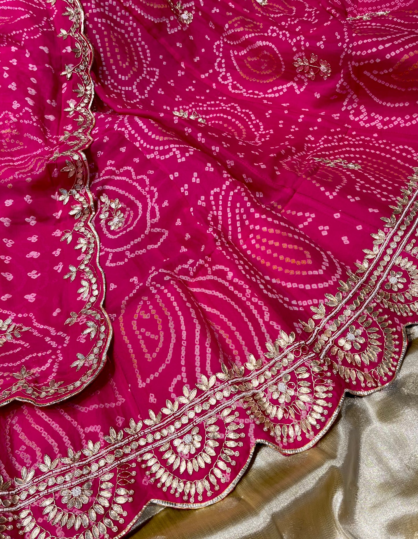 HOT PINK PURE GEORGETTE OJARIYA BANDHANI LEHENGA EMBELLISHED WITH GOTA PATTI & ZARDOZI WORK